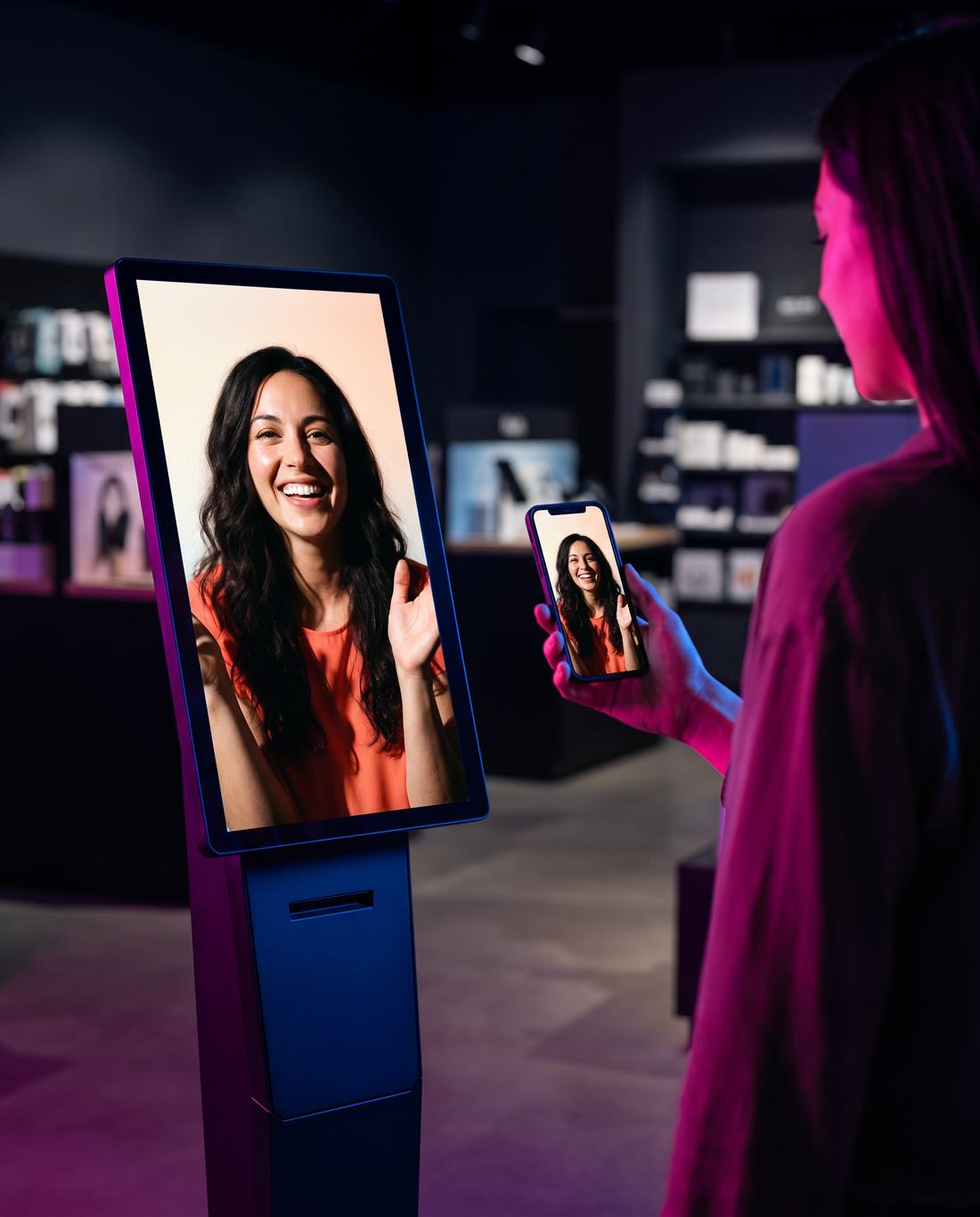 Beat two: the same VIBA avatar on the kiosk and the shopper's phone as the sale hands off