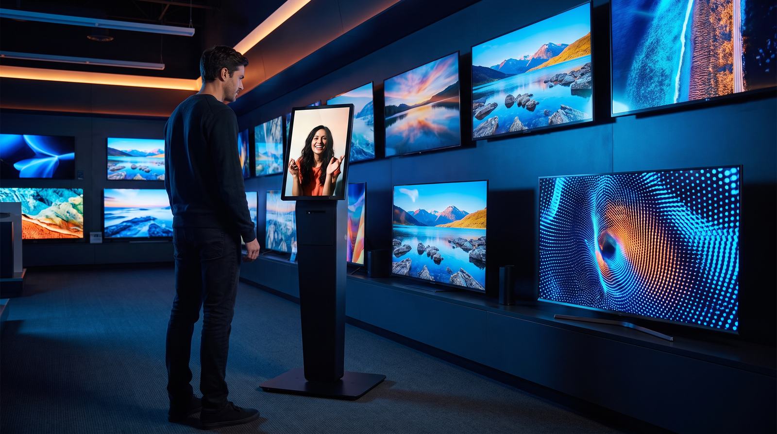 A shopper deciding between premium TVs with VIBA advising from an Elo totem in a glowing TV aisle
