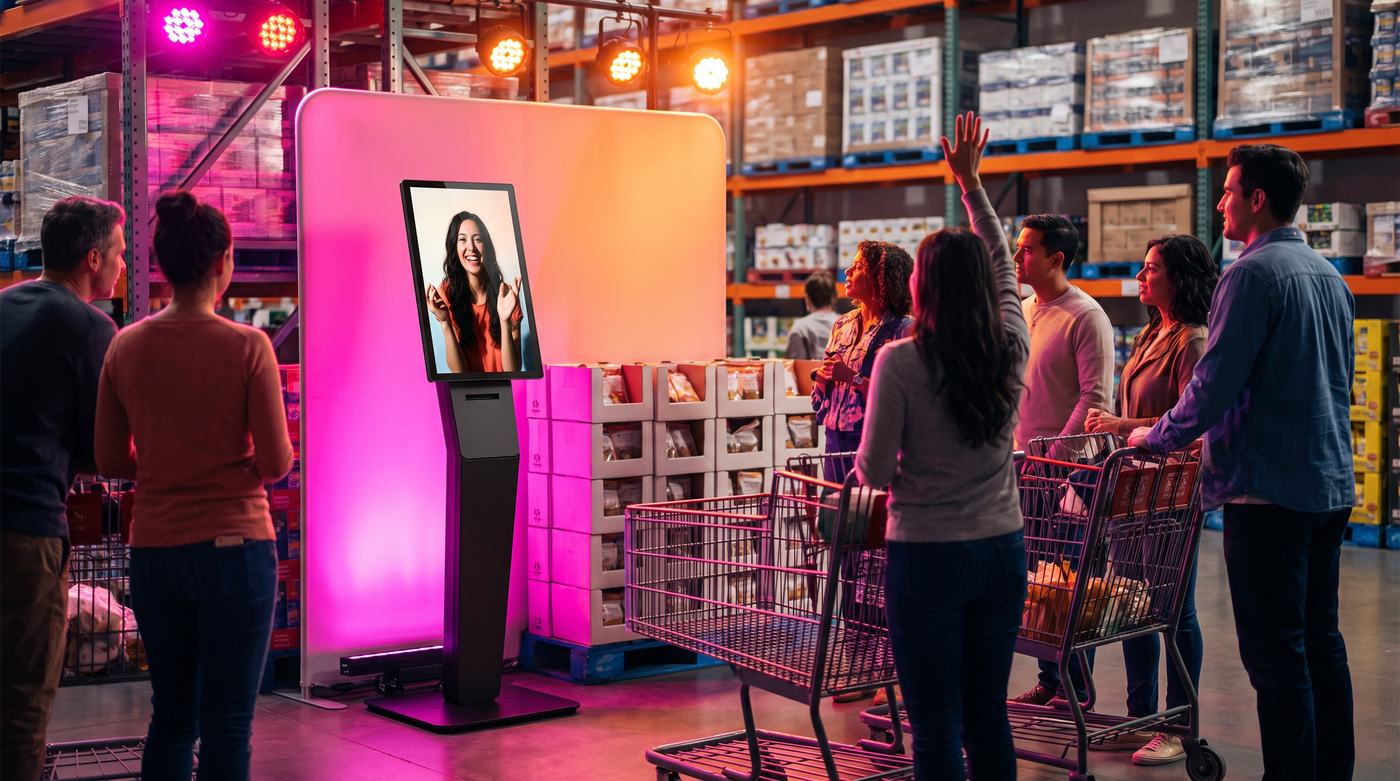 A brand roadshow end-cap with VIBA pitching from an Elo totem to a crowd of shoppers