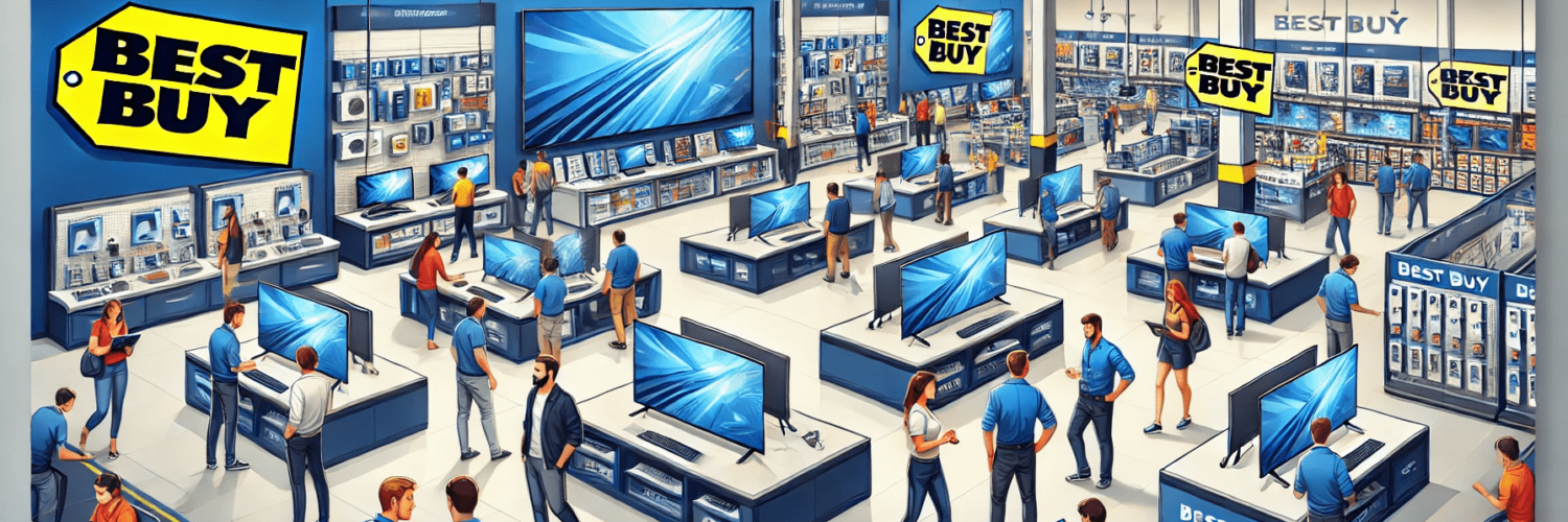 DALL·E 2024-08-30 17.31.43 – Une image grand écran détaillée d'une bannière représentant un magasin Best Buy animé avec un client satisfait.