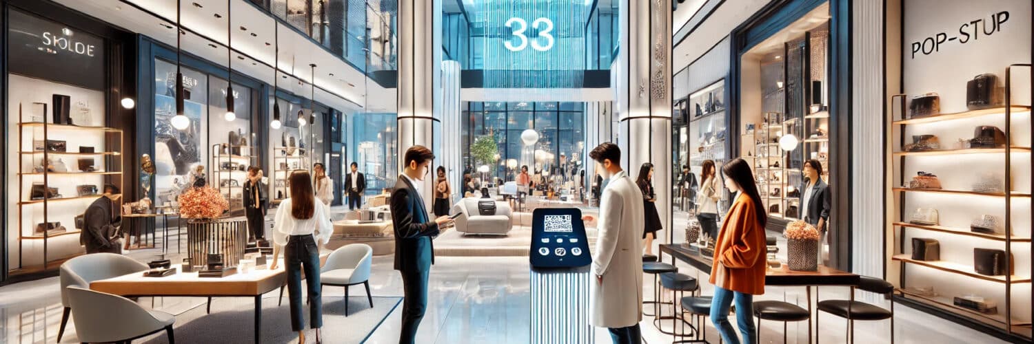 Un pop-up store élégant et contemporain au sein d'un centre commercial haut de gamme, avec des étagères élégantes, des bornes numériques interactives et une ambiance conviviale pour les réseaux sociaux.