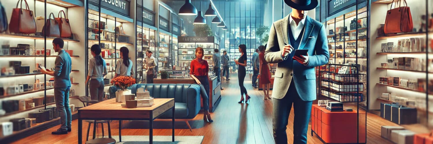 Una tienda minorista elegante y contemporánea con un comprador misterioso que observa discretamente mientras los clientes miran y los empleados ayudan a los compradores.