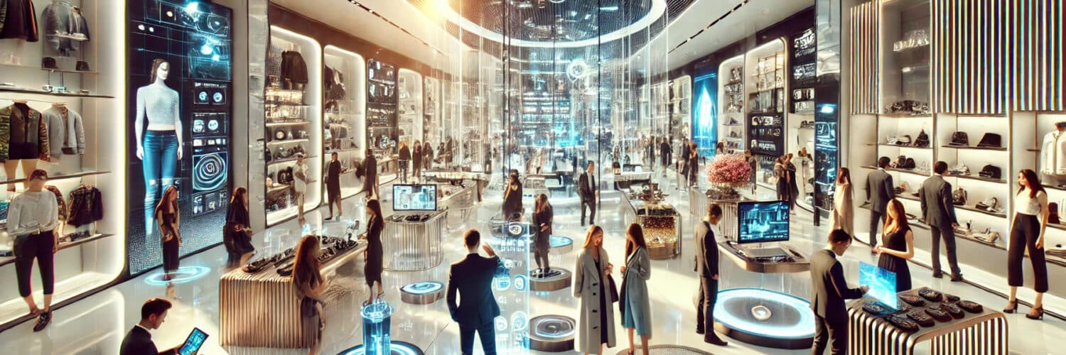 Un magasin de détail haut de gamme futuriste avec des miroirs AR, des étagères intelligentes, des bornes à écran tactile et une boutique éphémère présentant des produits en édition limitée.