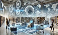 A futuristic retail store with AI-powered checkout stations, smart shelves, and dynamically adjusting digital price tags, surrounded by abstract visuals representing supply chains and consumer demand.