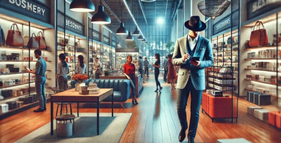 A sleek, contemporary retail store with a mystery shopper discreetly observing, while customers browse and employees assist shoppers.