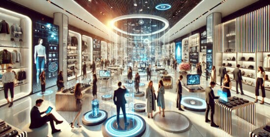 A futuristic high-end retail store with AR mirrors, smart shelves, touchscreen kiosks, and a pop-up shop showcasing limited-edition merchandise.
