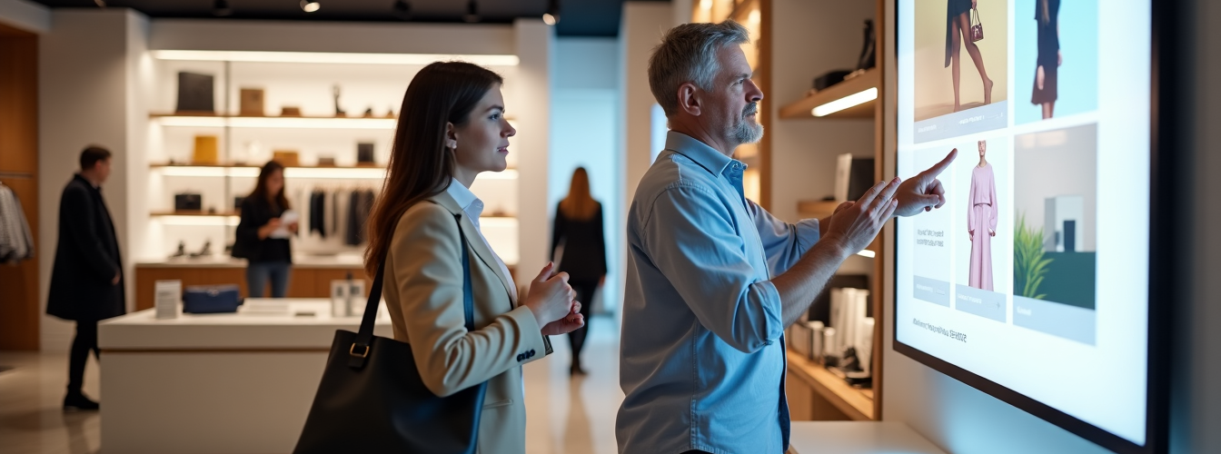 A modern retail store featuring interactive digital displays, AI-powered kiosks, and smart shelves designed to enhance customer engagement.