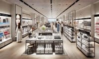 Tienda minorista de belleza ilustrada con exhibidores de comercialización inteligentes, diseños de productos organizados y clientes explorando el diseño moderno de la tienda.