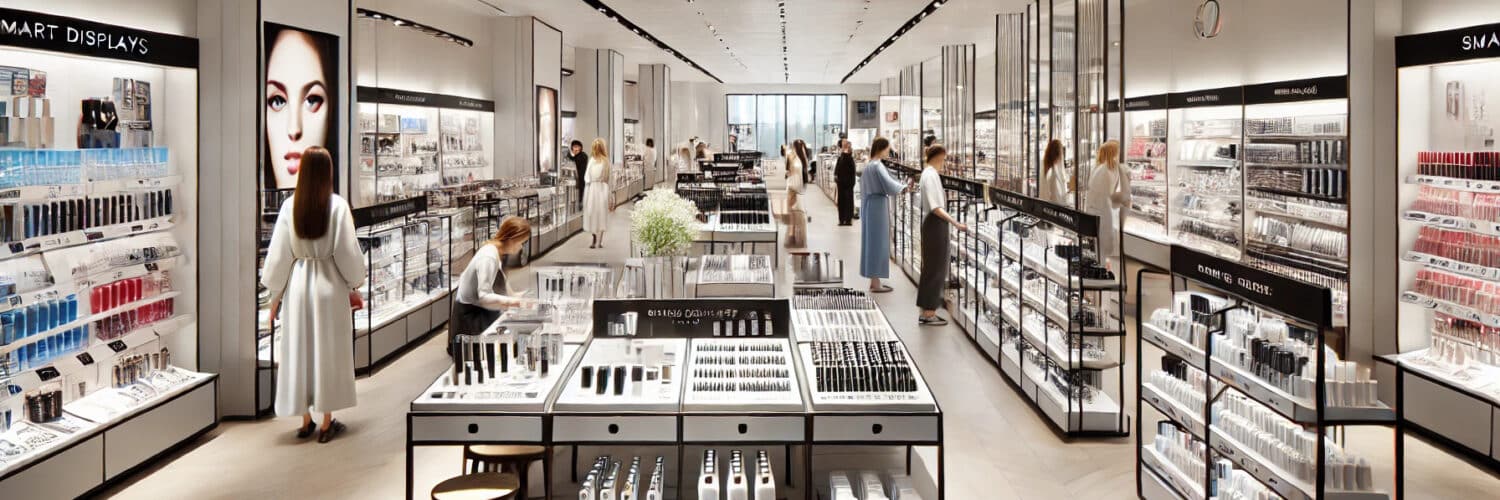 Illustrated beauty retail store with smart merchandising displays, organized product layouts, and customers browsing modern store design