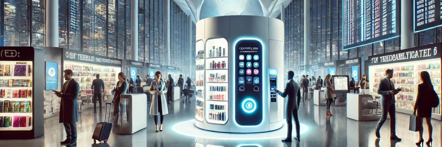 Smart retail vending machines and checkout kiosks inside a modern airport with diverse shoppers engaging with touchless tech.