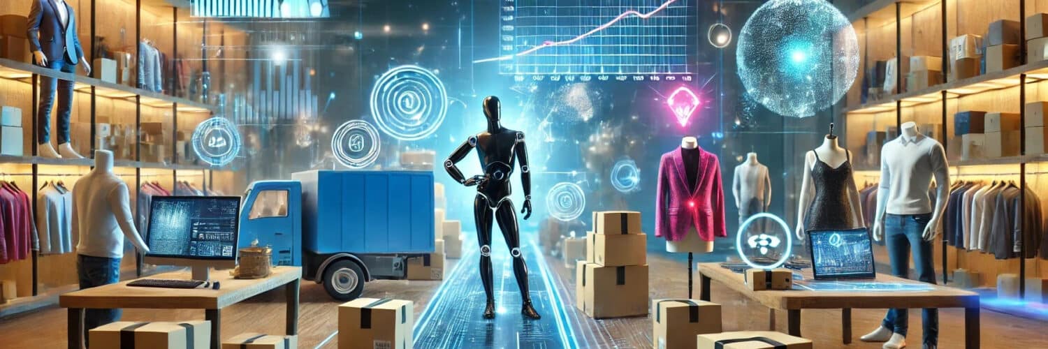 Illustration of futuristic retail technology with AI, robotics, and augmented reality streamlining customer returns in a sleek store environment.
