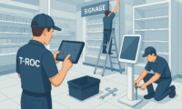 T-ROC technicians assembling retail displays and signage in a modern store setup, showcasing professional and efficient retail assembly services.