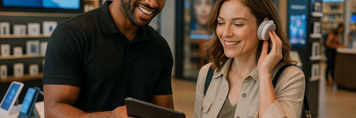 A modern retail store scene with a T-ROC brand ambassador using a tablet to engage a customer in a warm, tech-forward environment.