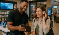 A modern retail store scene with a T-ROC brand ambassador using a tablet to engage a customer in a warm, tech-forward environment.
