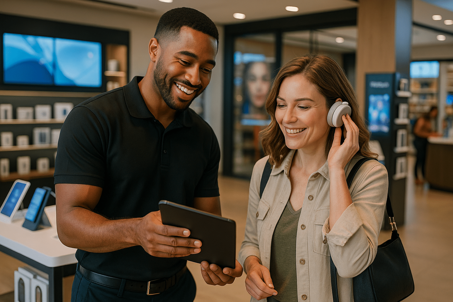 A modern retail store scene with a T-ROC brand ambassador using a tablet to engage a customer in a warm, tech-forward environment.