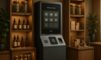 Sleek automated cannabis retail kiosk surrounded by premium wellness products in a modern dispensary setting.