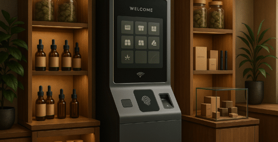 Sleek automated cannabis retail kiosk surrounded by premium wellness products in a modern dispensary setting.