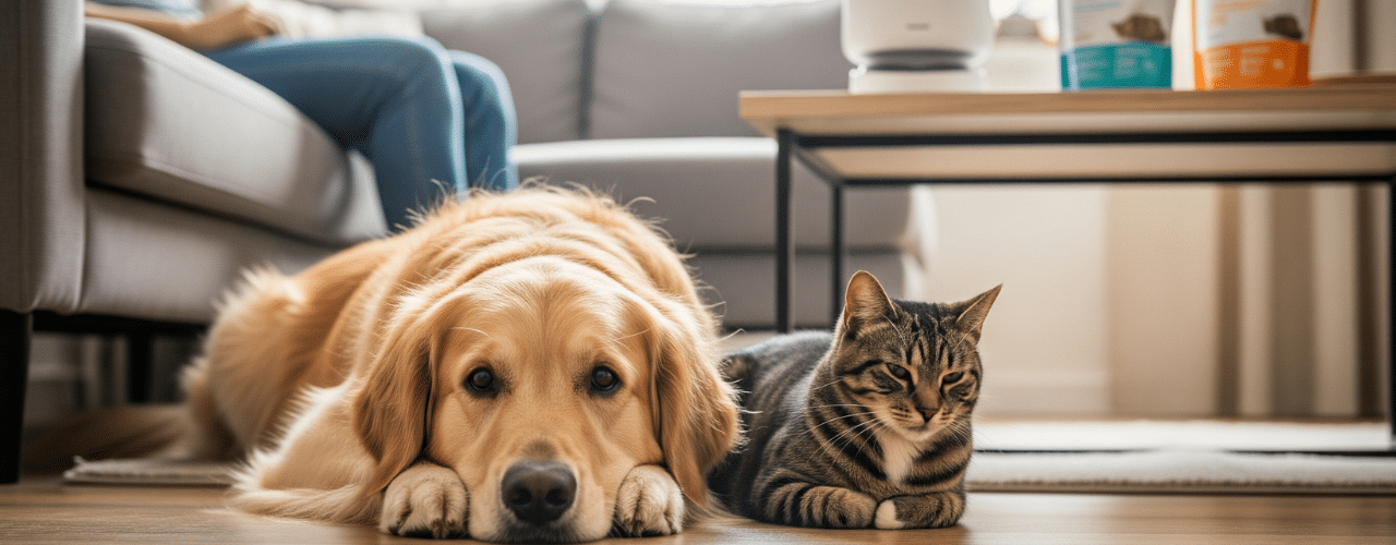 A close-up, low-angle photo of a golden retriever and a tabby cat lying peacefully together on a wooden floor, looking directly at the camera.