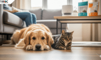 A close-up, low-angle photo of a golden retriever and a tabby cat lying peacefully together on a wooden floor, looking directly at the camera.