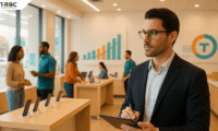 A diverse group of outdoor consumers exploring high-tech gear inside a modern retail store with a scenic mountain backdrop, blending nature, technology, and sustainability.