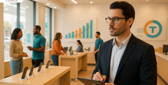 A diverse group of outdoor consumers exploring high-tech gear inside a modern retail store with a scenic mountain backdrop, blending nature, technology, and sustainability.