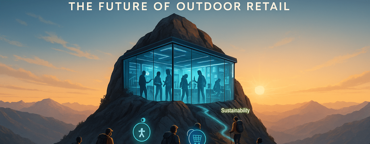 Futuristic outdoor retail store built into a mountain summit at sunrise, with diverse hikers approaching from multiple paths labeled sustainability, technology, omnichannel, casual consumers, and supply chain.
