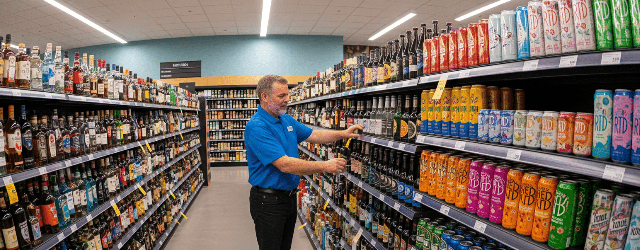 A retail merchandising specialist in a blue polo shirt performs alcohol retail execution by carefully organizing spirits on a shelf during a store reset in a modern liquor aisle filled with RTDs and various liquors.