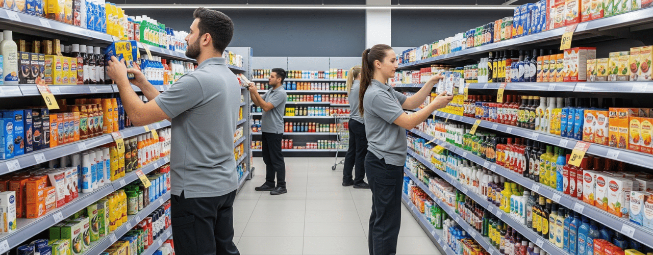 A team of professional merchandisers in grey polo shirts meticulously organize products on the shelves of a brightly lit and perfectly stocked supermarket aisle, showcasing flawless retail execution.
