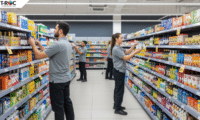 A team of professional merchandisers in grey polo shirts meticulously organize products on the shelves of a brightly lit and perfectly stocked supermarket aisle, showcasing flawless retail execution.
