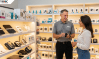 A team of retail workers in plain grey polo shirts meticulously stocking and organizing products in a wide, brightly lit supermarket aisle, demonstrating a coordinated merchandising effort.