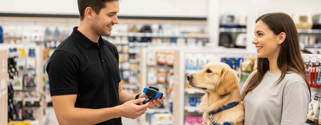 A professional brand ambassador in a pet store aisle explains the features of a smart pet collar to an engaged customer holding her golden retriever.
