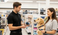 A professional brand ambassador in a pet store aisle explains the features of a smart pet collar to an engaged customer holding her golden retriever.