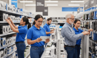 An eye-level shot of a retail merchandising team executing a store reset. A woman with glasses in the foreground holds a tablet, referencing a digital planogram, while other team members stock shelves with electronic accessories in the background. The scene conveys professionalism, teamwork, and attention to detail.