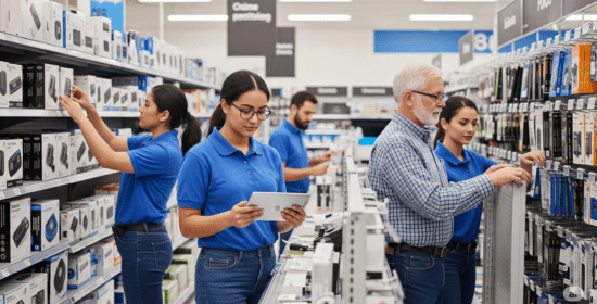 An eye-level shot of a retail merchandising team executing a store reset. A woman with glasses in the foreground holds a tablet, referencing a digital planogram, while other team members stock shelves with electronic accessories in the background. The scene conveys professionalism, teamwork, and attention to detail.