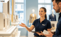 A female brand ambassador with a friendly smile assists a male customer in a bright retail store, pointing to a product on a shelf.