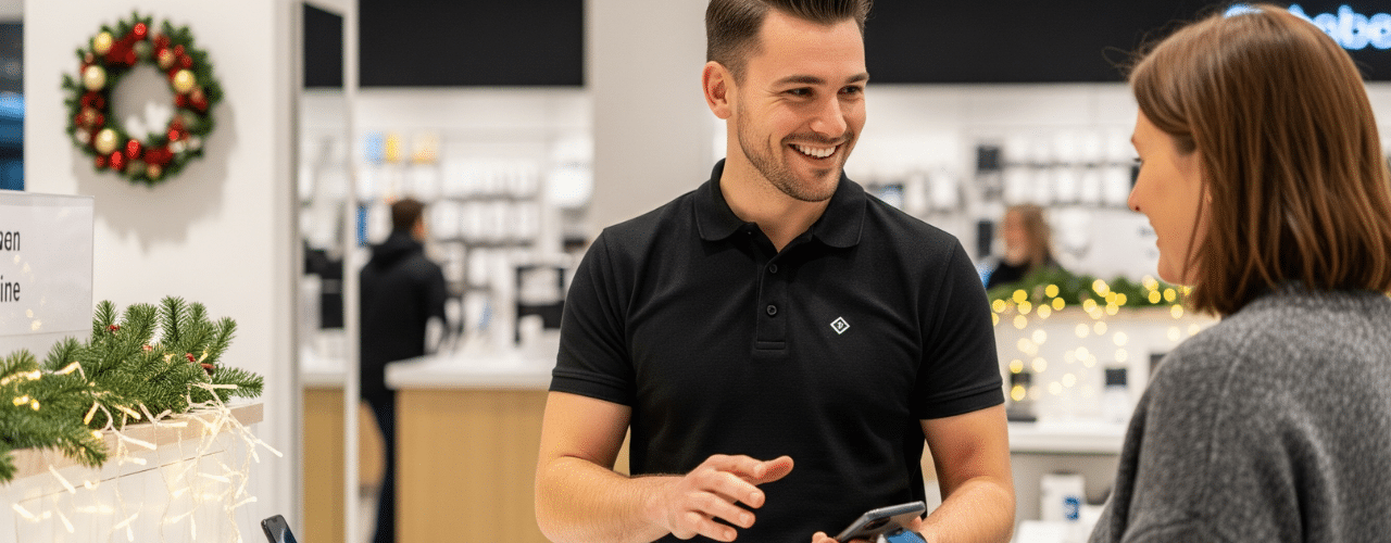 A male brand ambassador in a black polo shirt enthusiastically demonstrates a smartphone to a customer in a retail store decorated for the holidays.