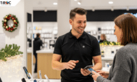 A male brand ambassador in a black polo shirt enthusiastically demonstrates a smartphone to a customer in a retail store decorated for the holidays.