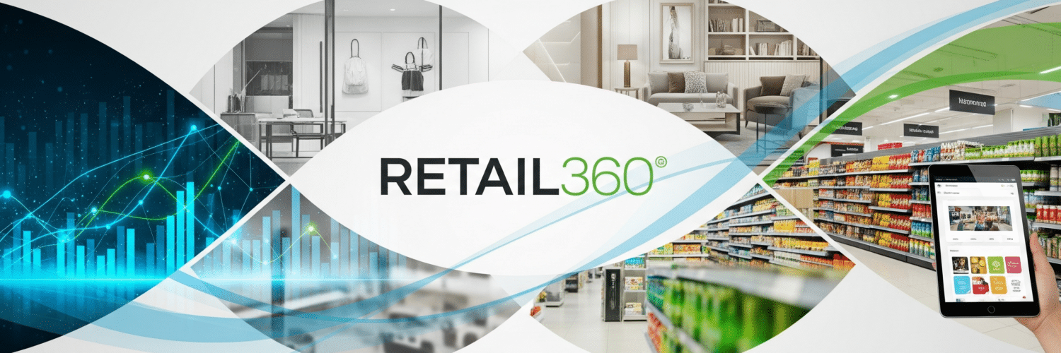A branded graphic for Retail360 featuring the logo centered over visuals of retail analytics, including growth charts, and various store environments like grocery, home goods, and fashion, all connected by a flowing blue and green design.