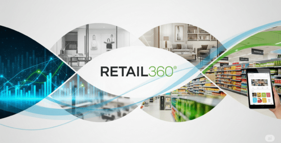 A branded graphic for Retail360 featuring the logo centered over visuals of retail analytics, including growth charts, and various store environments like grocery, home goods, and fashion, all connected by a flowing blue and green design.
