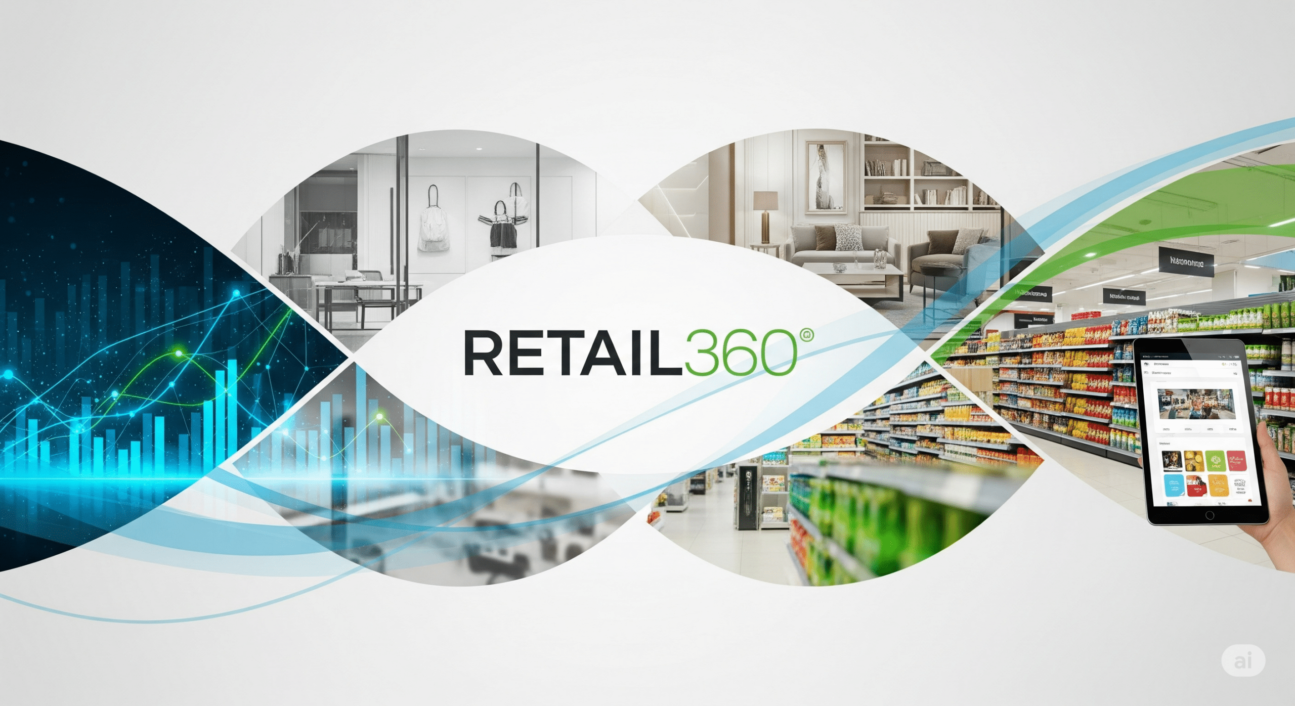 A branded graphic for Retail360 featuring the logo centered over visuals of retail analytics, including growth charts, and various store environments like grocery, home goods, and fashion, all connected by a flowing blue and green design.