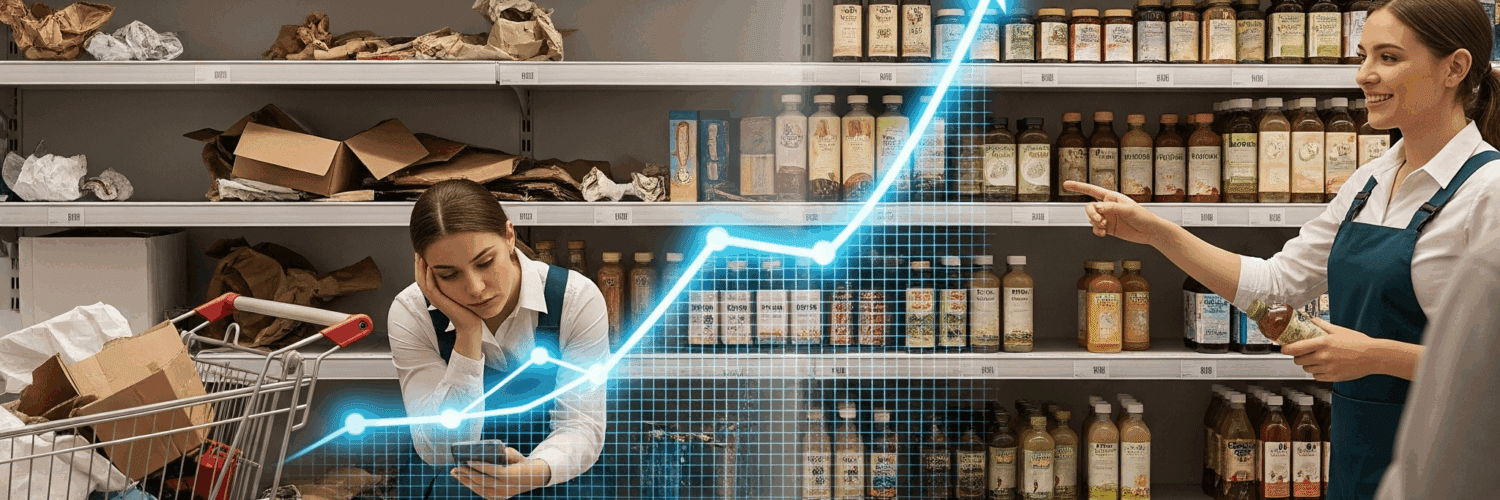 A split-screen image of a retail store aisle. The left side shows a messy, disorganized shelf with a frustrated employee. The right side shows a perfectly organized, vibrant shelf with a happy employee assisting a customer. A glowing, upward-trending chart connects the two sides, visually representing growth.