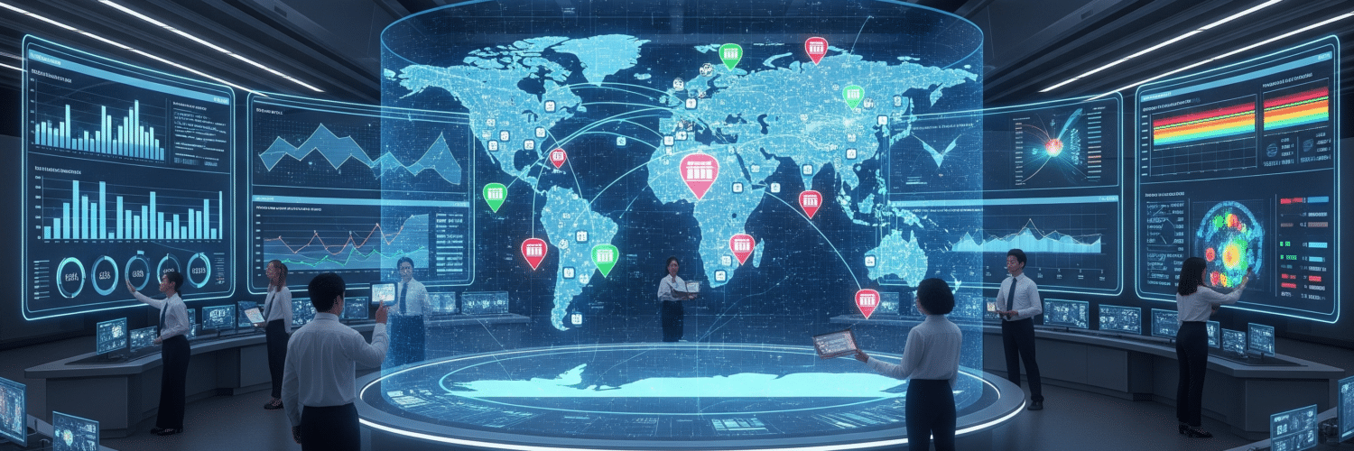 A futuristic command center with analysts viewing a large holographic world map. The name 'RETAIL 360' is displayed prominently above the map, which shows interconnected global retail locations and complex data points