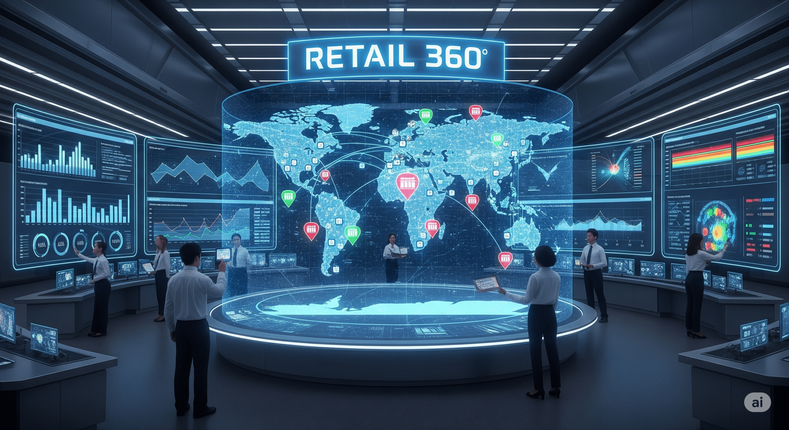 A futuristic command center with analysts viewing a large holographic world map. The name 'RETAIL 360' is displayed prominently above the map, which shows interconnected global retail locations and complex data points