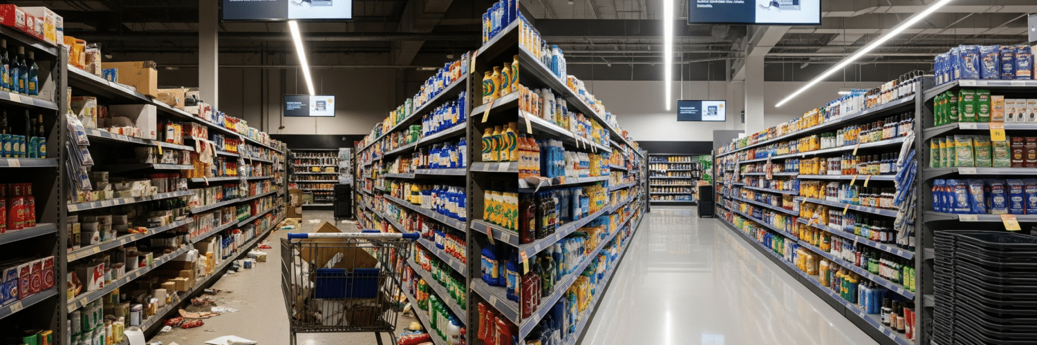 A split-screen image contrasting a messy store aisle before a retail store reset with the same aisle after, now perfectly organized, fully stocked, and brightly lit to create a positive customer experience.