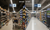A split-screen image contrasting a messy store aisle before a retail store reset with the same aisle after, now perfectly organized, fully stocked, and brightly lit to create a positive customer experience.