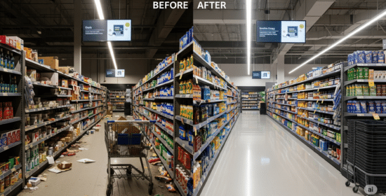 A split-screen image contrasting a messy store aisle before a retail store reset with the same aisle after, now perfectly organized, fully stocked, and brightly lit to create a positive customer experience.
