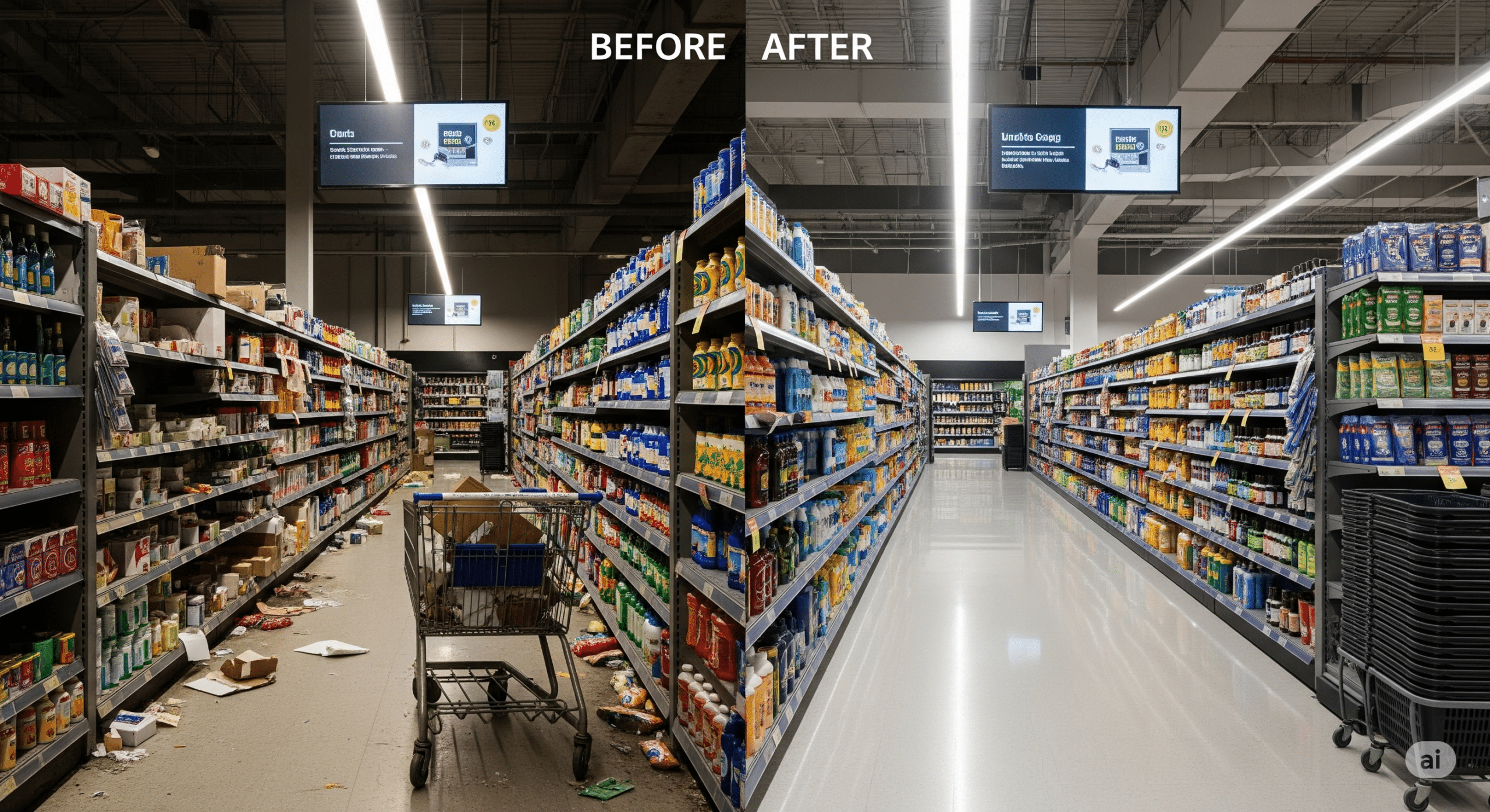 A split-screen image contrasting a messy store aisle before a retail store reset with the same aisle after, now perfectly organized, fully stocked, and brightly lit to create a positive customer experience.