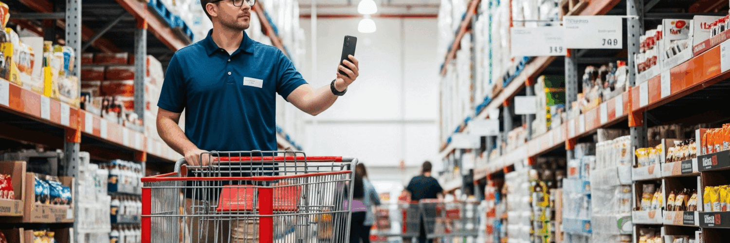 A man in a blue polo shirt and khakis pushes a large shopping cart in a wide, brightly lit Costco store aisle. He is discreetly taking a photo of a product display with his smartphone.