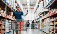 A man in a blue polo shirt and khakis pushes a large shopping cart in a wide, brightly lit Costco store aisle. He is discreetly taking a photo of a product display with his smartphone.