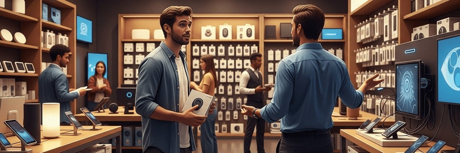 Mystery shopper evaluating smart home product with retail associate in consumer electronics store